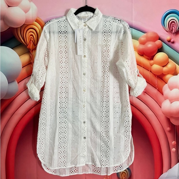 La Blanca Swim Suit Coverup NEW White Eyelet Button-Up Shirt - Picture 3 of 12